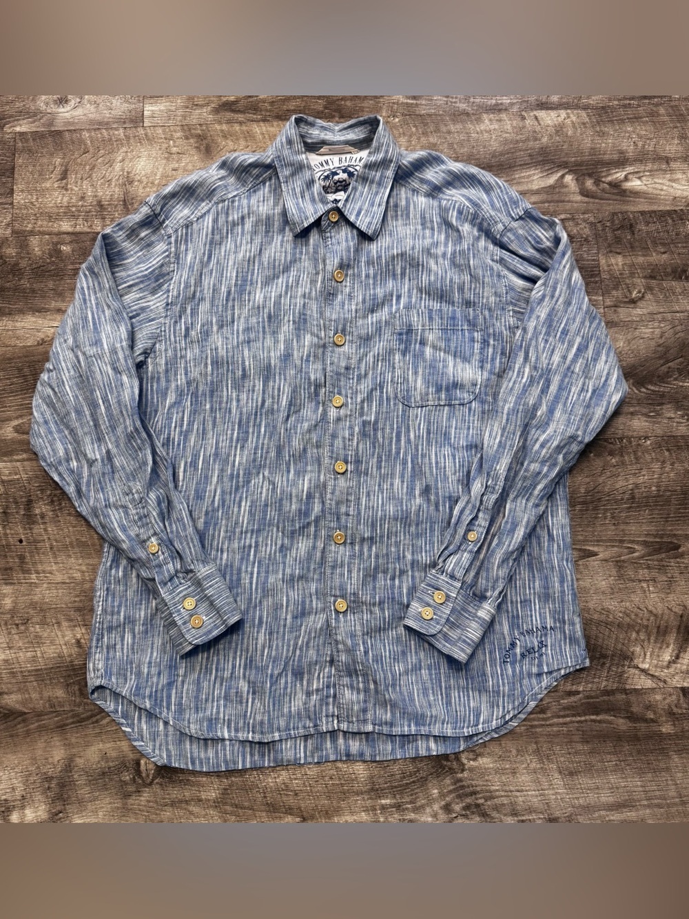 Tommy Bahama 100% LInen Blue White Long Sleeve Button Down Pocket Shirt Mens L